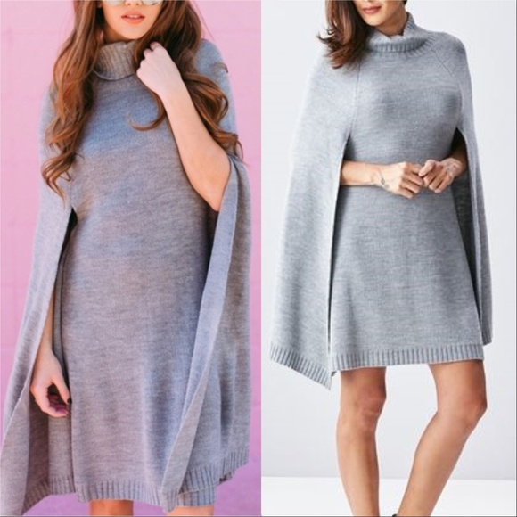 MODA ME COUTURE Dresses & Skirts - DRESS MINI SWEATER GRAY CAPE SWEATER DRESS